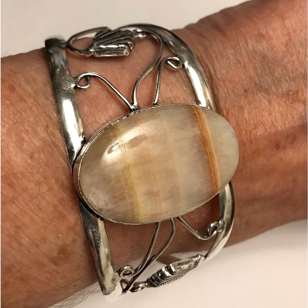 Orange Lace Calcite Stamped 925 Sterling Silver Cuff Bracelet